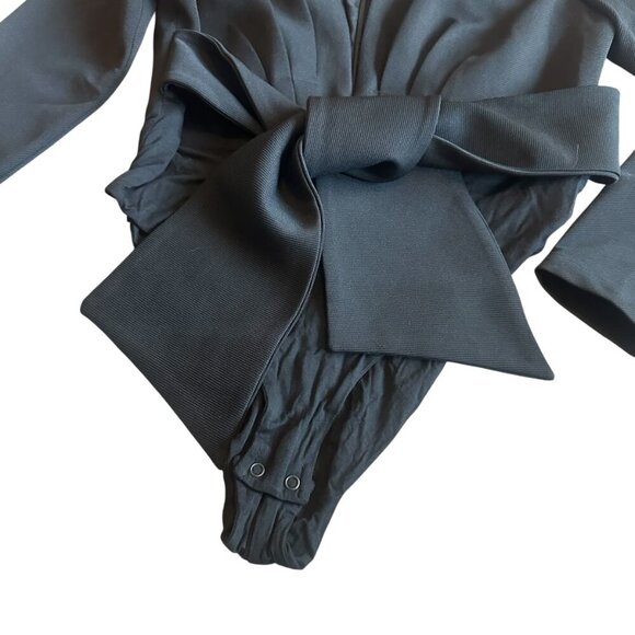 Bardot Anya Bodysuit Black Long Sleeve Knot Waist Deep Plunge Size 8 Medium - Picture 5 of 12